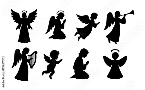 Silhouette angel figures in various poses and activities on white background