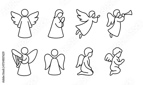 Line art angels collection: ethereal figures in prayer and music