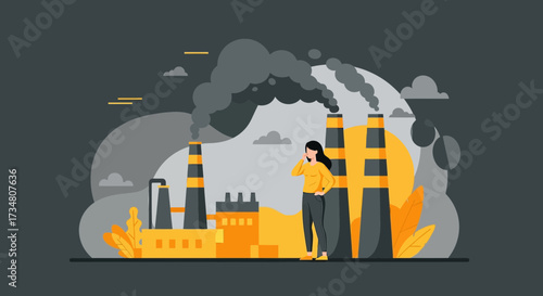 Industrial pollution background with factory smokestacks and concerned citizen illustration and