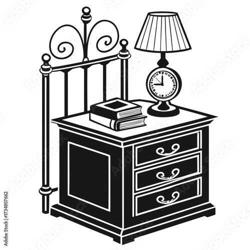 Bedside Table with Lamp and Books Illustration