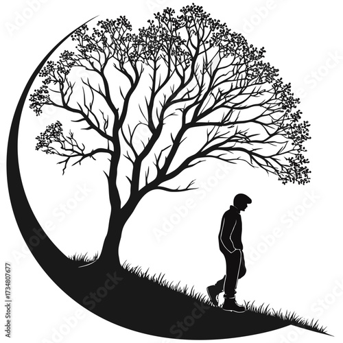 Sad Man Standing Under Tree Silhouette Scene