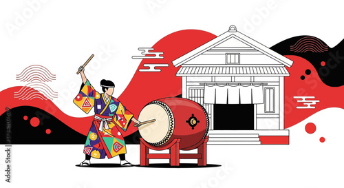 Japanese festival performer in traditional kimono playing taiko drum in temple background