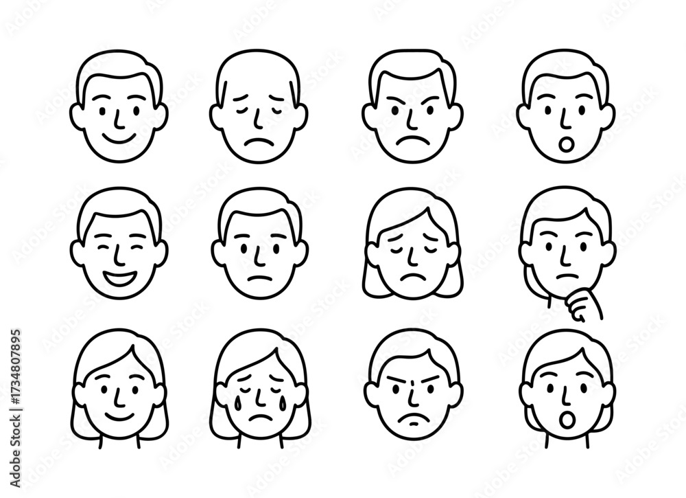 Fototapeta premium Simple line art faces showing various human emotions for communication design