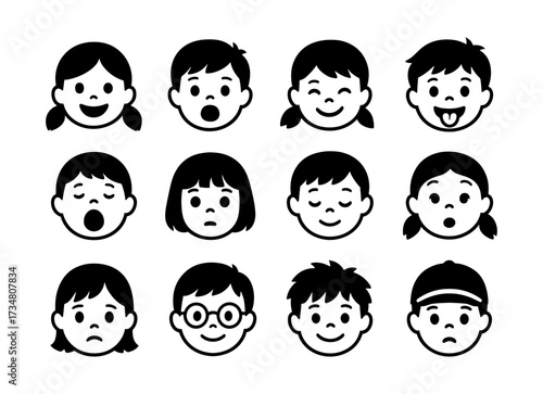 Diverse children facial expressions collection in black and white silhouette style