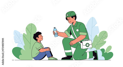 Kind first responder offers a bottle of water to a young boy during an emergency response scenario