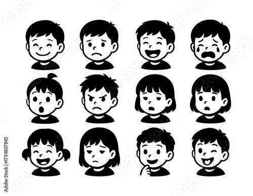 Collection of child facial expressions showing various emotions in black and white silhouette style