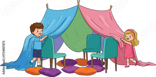 Two children building a blanket fort with chairs and colorful pillows kids playing