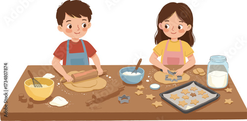 Two children baking cookies together on a wooden table with ingredients and baking sheet Keywords
