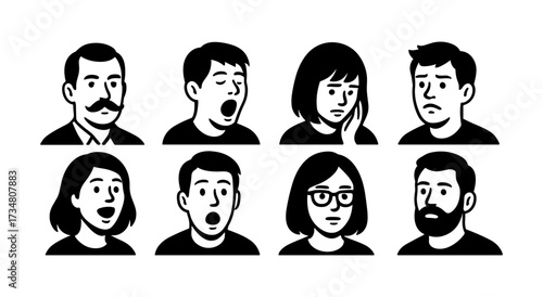Black and white face expressions collection: cartoon characters showing emotions