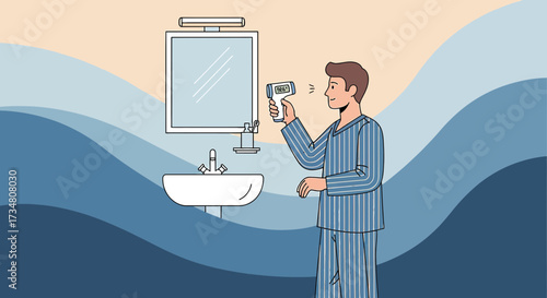 Man checks temperature with infrared thermometer in bathroom during morning routine