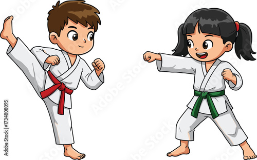 Two children practicing karate with a boy kicking and a girl punching martial arts kids