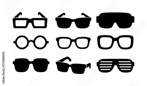 Collection of sunglasses and glasses silhouettes in various styles