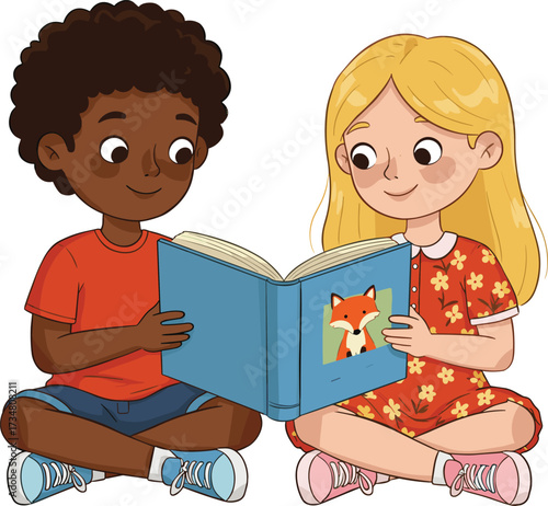 Two diverse cartoon children sitting and reading a book together on a white background girl kids