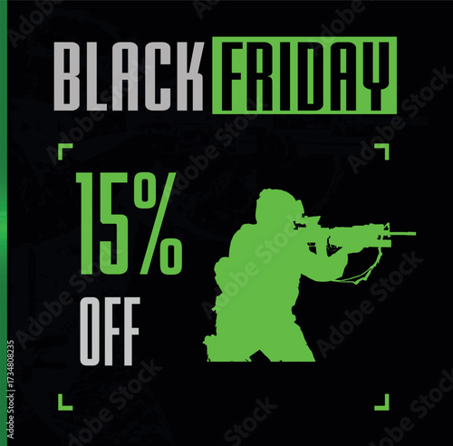 Price tag 15% Off gamer style with black background, soldier image with green details