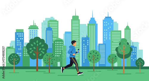 Man jogging in a park with city skyline in background promoting urban fitness and healthy lifestyle
