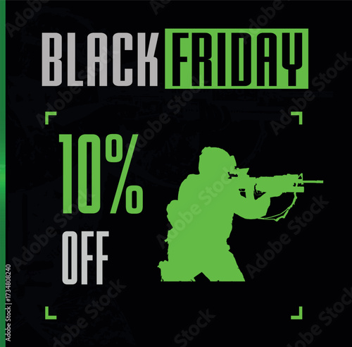 Price tag 10% Off gamer style with black background, soldier image with green details