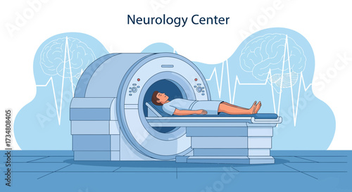 Man undergoing MRI scan at a neurology center, medical equipment and patient health concept