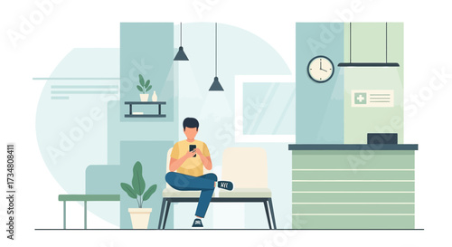 Man using smartphone in a clinic or hospital waiting room vector illustration