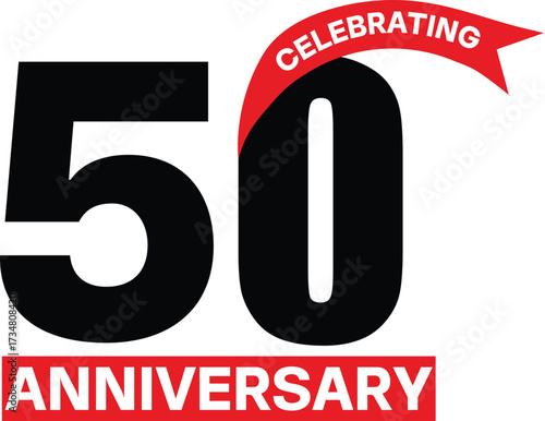 50th Golden Anniversary celebration logo. Fiftieth jubilee vector icon with red ribbon design.


