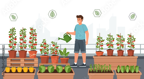 Man tending his rooftop garden with tomatoes, peppers, lettuce, and various plants in pots and
