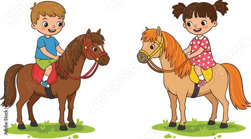 Two happy cartoon children riding horses on a white background with grass girl kids