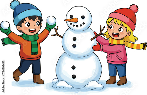 Two happy children building a snowman in the snow with snowballs kids winter