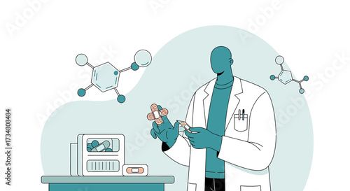 Medical professional applying bandage in lab setting with molecules and medicine dispensing machine
