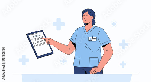 Medical professional pointing at a checklist conveying healthcare information with a clipboard