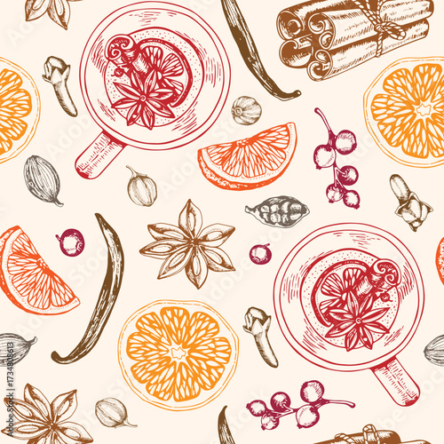 Repeating pattern of mulled wine ingredients and spices