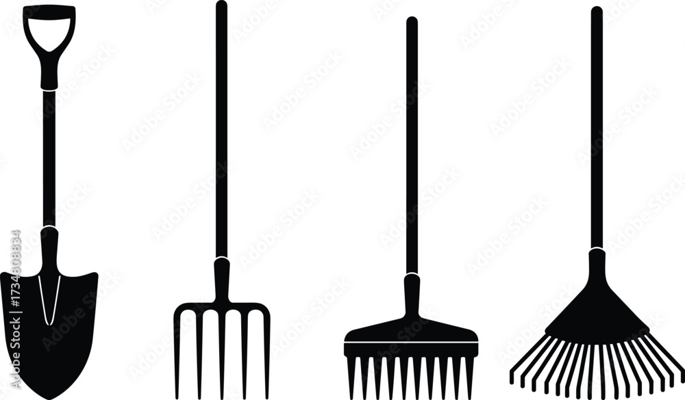 Naklejka premium Black Silhouette Icons of Gardening Tools on White Background shovel pitchfork
