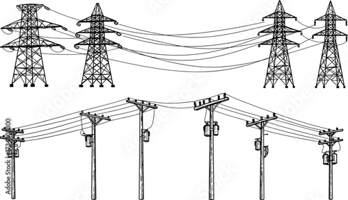 Black and white illustration of high voltage power lines and utility poles electricity energy