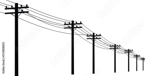 Black Silhouette of a Series of Utility Poles with Power Lines Extending into the Distance electricity