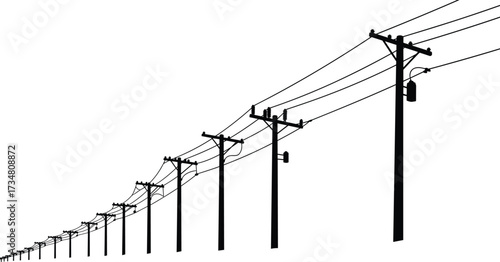 Black Silhouette of a Row of Utility Poles with Power Lines Stretching into the Distance electricity