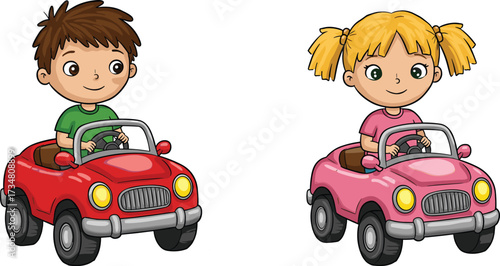 Boy and girl in toy cars, red and pink, on white background red car