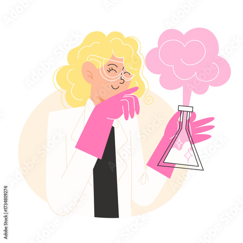 Scientist in lab coat holding flask with pink smoke