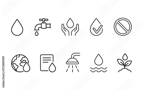 A minimal and modern set of line icons focused on water conservation, sustainable water use, and clean water access.