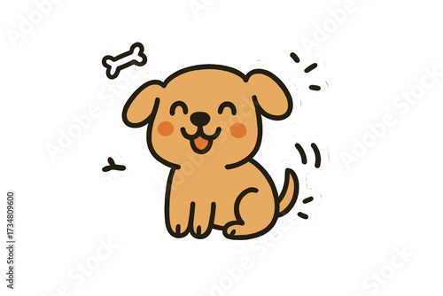 Cheerful Dog Stickers. Adorable doodle stickers: happy dog with eyes, tiny bones and tail wagging, cheerful doodle charm, white