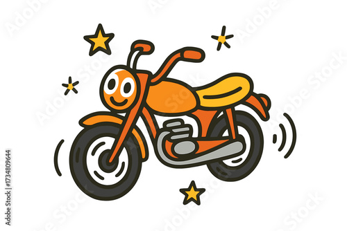 Cheerful Doodle Stickers. Bright doodle stickers: smiling motorbike, tiny stars and wheels spinning, cheerful doodle charm, white