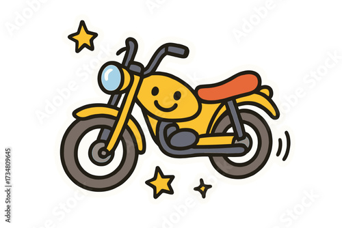 Cheerful Doodle Stickers. Bright doodle stickers: smiling motorbike, tiny stars and wheels spinning, cheerful doodle charm, white