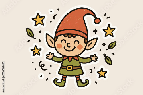Joyful Elf Stickers. Joyful doodle stickers: happy elf, tiny leaves and stars floating, playful doodle details, white outline,