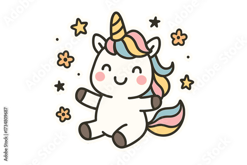 Happy Unicorn Stickers. Adorable doodle stickers: happy unicorn with eyes, tiny stars and flowers floating, cheerful doodle charm,