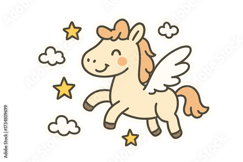 Adorable Doodle Stickers. Adorable doodle stickers: smiling pegasus, tiny clouds and stars floating, cheerful doodle charm, white