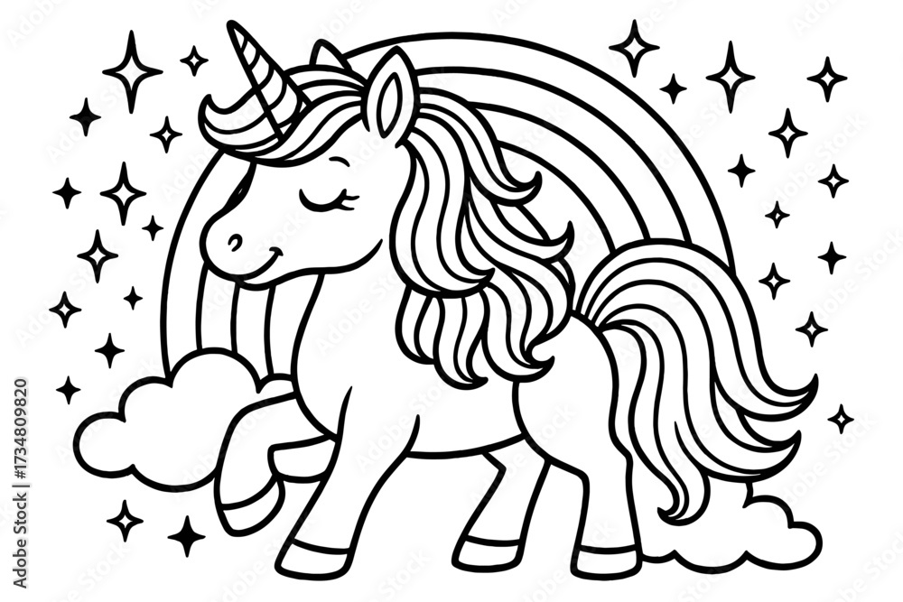 Fototapeta premium Magical Unicorn Coloring. Magical unicorn coloring page: unicorn with flowing mane, rainbow and clouds, stars sparkling around,