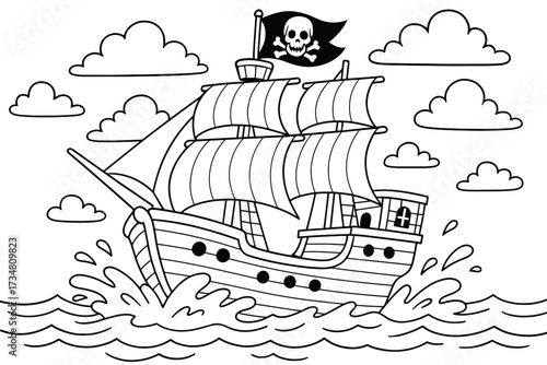 Pirate Ship Coloring. Pirate ship coloring page: large pirate ship with skull flag, waves splashing, clouds above, black and white