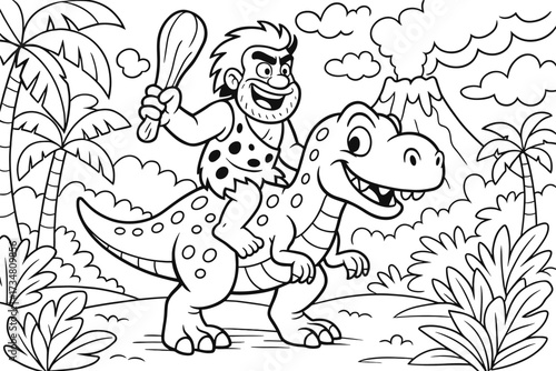Caveman Dinosaur Adventure. Adventure dinosaur coloring page: caveman with club riding dinosaur, jungle and volcano behind, black