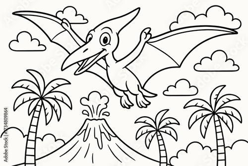 Pterodactyl Over Volcano. Flying dinosaur coloring page: pterodactyl soaring in sky, volcano and palm trees below, black and white