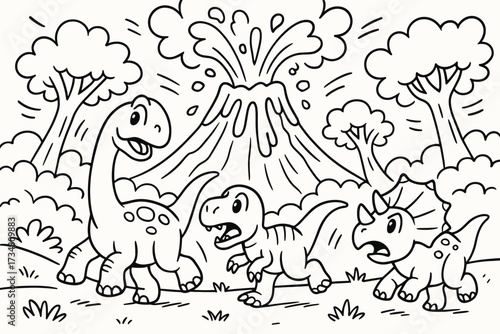 Volcano and Dinosaurs Frenzy. Prehistoric scene coloring page: volcano erupting, dinosaurs running, trees shaking, black and white