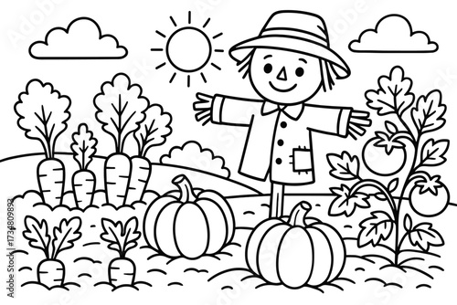 Vegetable Garden Cartoon. Vegetable garden coloring page: carrots, pumpkins, and tomatoes growing, scarecrow smiling, black and