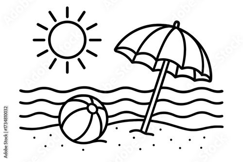 Beach Fun Coloring. Holiday coloring page: beach ball and umbrella on sandy beach, waves behind, sun above, black and white vector