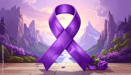 A vibrant purple awareness ribbon rests serenely amidst a serene mountain landscape, bathed in soft, warm light.
